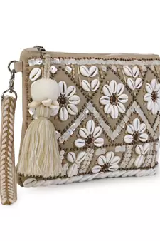 Boho Beige & White Cotton Jute & Canvas Boho Embellished Sling Bag