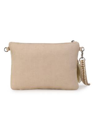 Boho Beige & White Cotton Jute & Canvas Boho Embellished Sling Bag 4