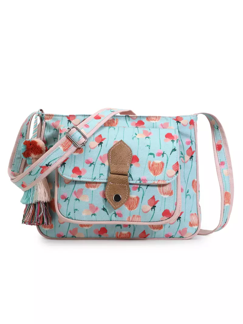 Rangoli Mint Green & Peach Polycotton Floral Digital Print Sling Bag
