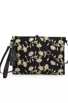 Lotus Black & Gold Faux Silk & Polyester Floral Emroidered Sling Bag