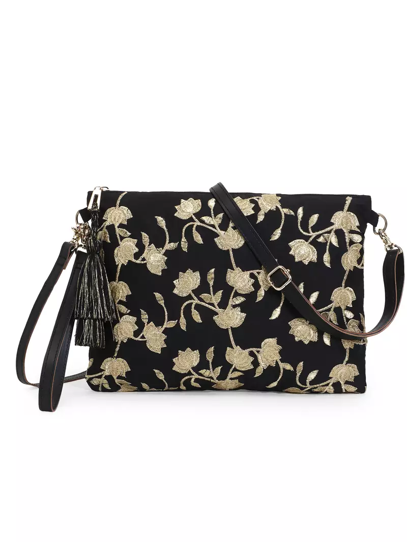 Lotus Black & Gold Faux Silk & Polyester Floral Emroidered Sling Bag