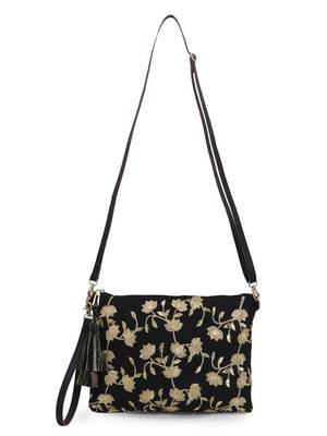 Lotus Black & Gold Faux Silk & Polyester Floral Emroidered Sling Bag 2