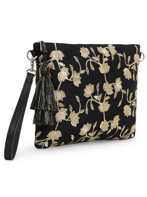 Lotus Black & Gold Faux Silk & Polyester Floral Emroidered Sling Bag 3