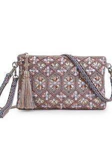 Ghoomar Silver, Pastel Pink & Multi Acrylic Jacquard Geometric Floral Embellished Sling Bag