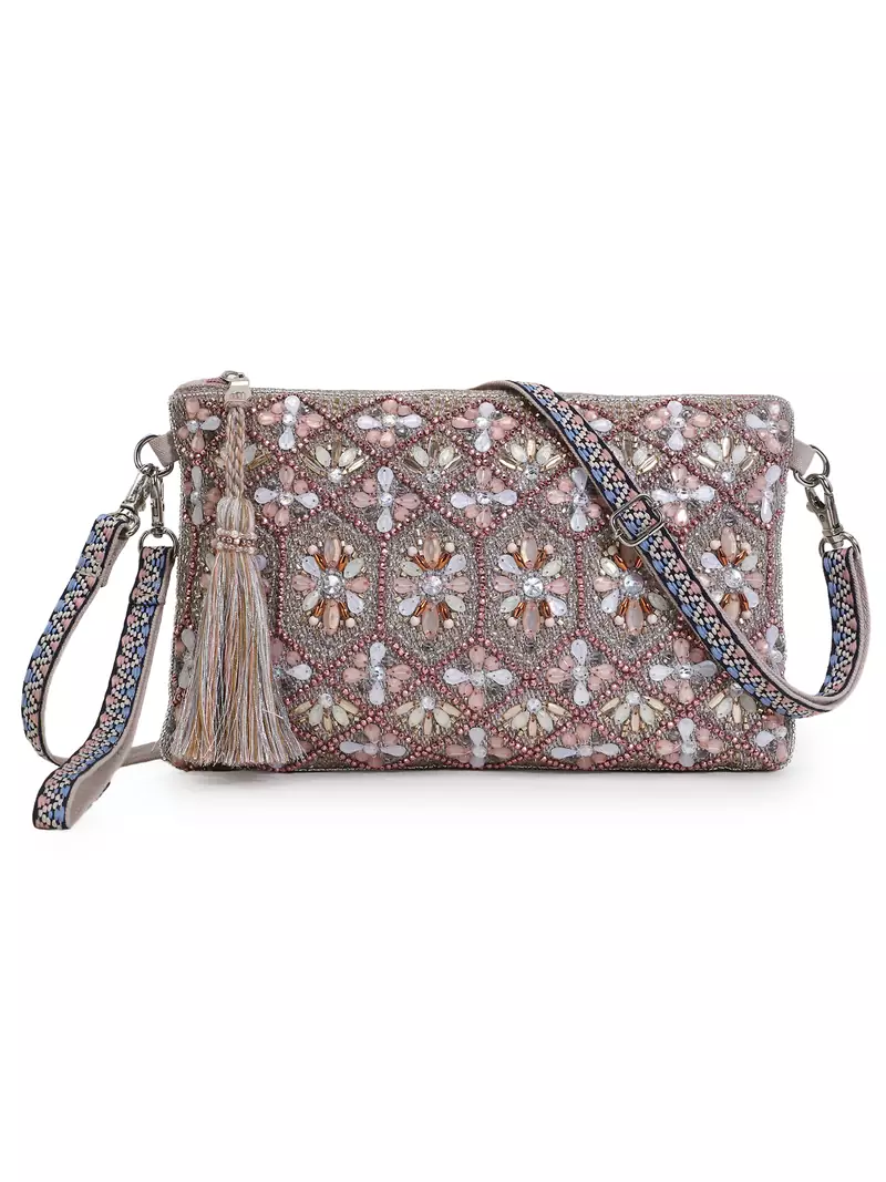Ghoomar Silver, Pastel Pink & Multi Acrylic Jacquard Geometric Floral Embellished Sling Bag