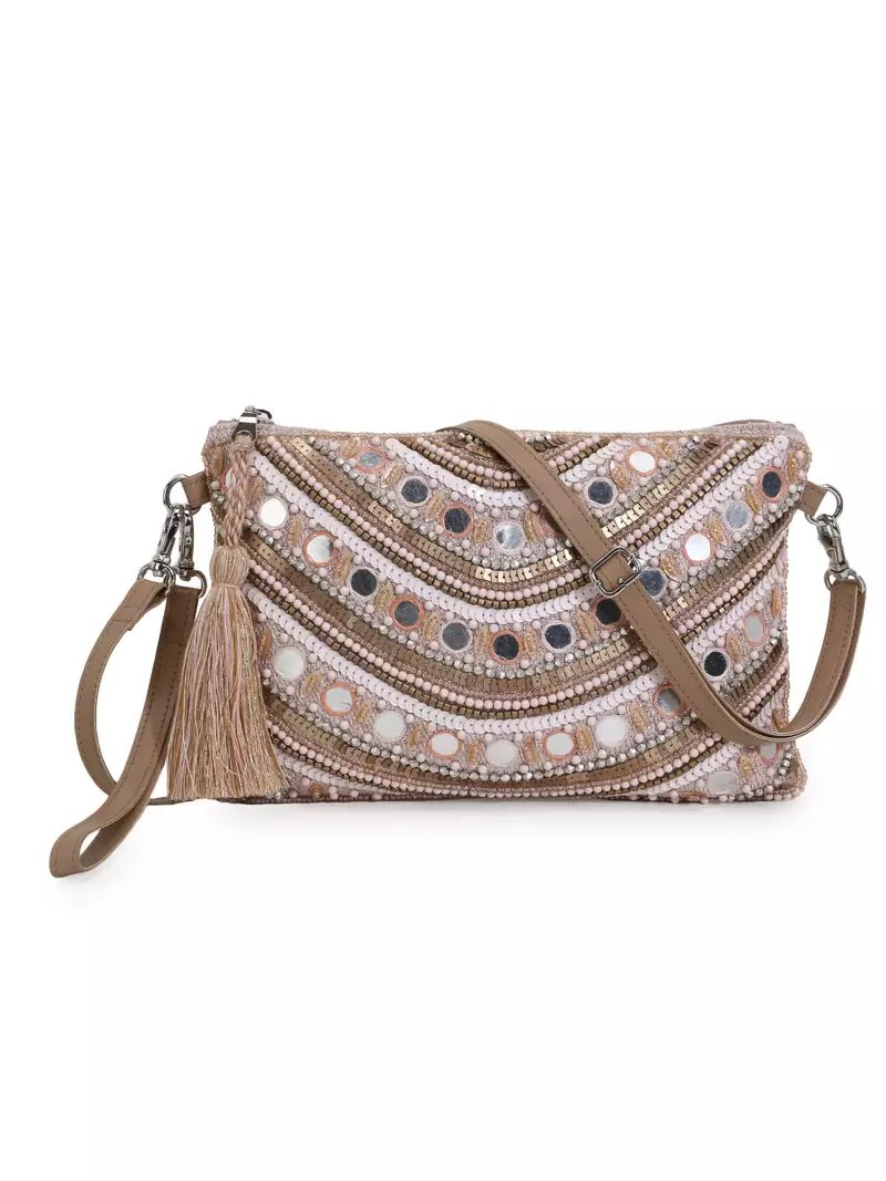 Ghoomar Pastel Pink & Multi Acrylic Jacquard &  Leatherette Ethnic Motifs Embellished Sling Bag