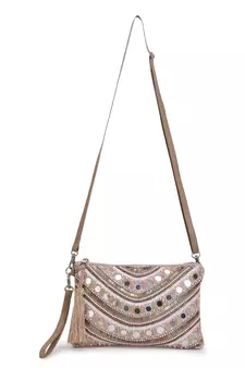 Ghoomar Pastel Pink & Multi Acrylic Jacquard &  Leatherette Ethnic Motifs Embellished Sling Bag