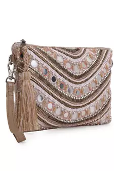 Ghoomar Pastel Pink & Multi Acrylic Jacquard &  Leatherette Ethnic Motifs Embellished Sling Bag