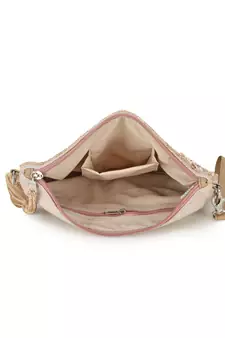 Ghoomar Pastel Pink & Multi Acrylic Jacquard &  Leatherette Ethnic Motifs Embellished Sling Bag