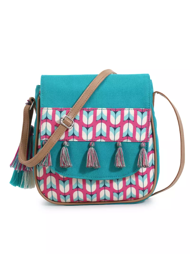 Rangoli Sea Green & Pink Polycotton Tulip Digital Print Sling Bag