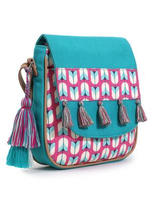 Rangoli Sea Green & Pink Polycotton Tulip Digital Print Sling Bag 3