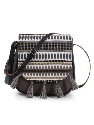 Geomat Grey & Multi Acrylic Jacquard & Canvas Striped Sling Bag 1
