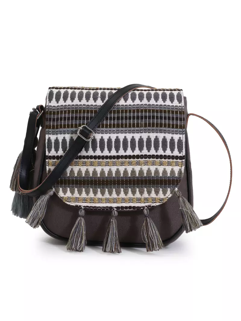 Geomat Grey & Multi Acrylic Jacquard & Canvas Striped Sling Bag