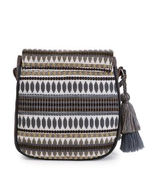 Geomat Grey & Multi Acrylic Jacquard & Canvas Striped Sling Bag 4