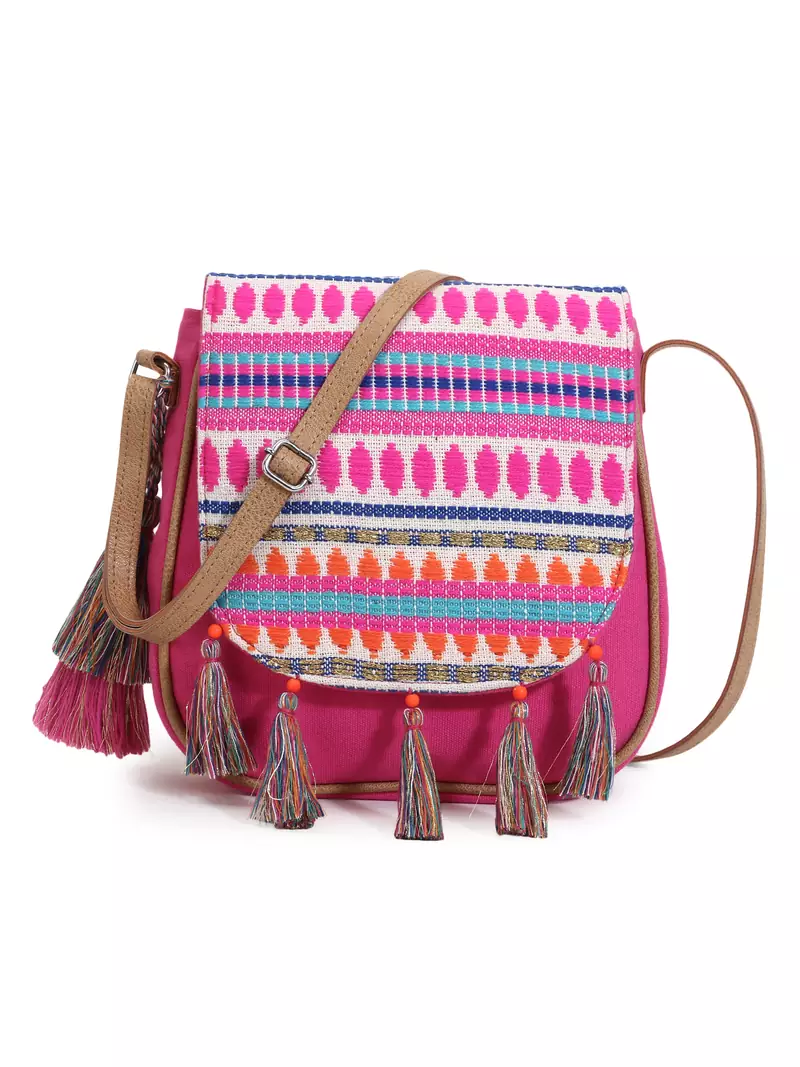Geomat Pink & Multi Acrylic Jacquard & Canvas Striped Sling Bag
