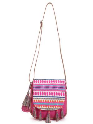 Geomat Pink & Multi Acrylic Jacquard & Canvas Striped Sling Bag 2