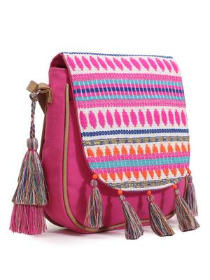 Geomat Pink & Multi Acrylic Jacquard & Canvas Striped Sling Bag 3