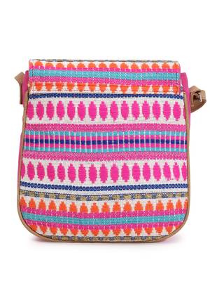 Geomat Pink & Multi Acrylic Jacquard & Canvas Striped Sling Bag 4