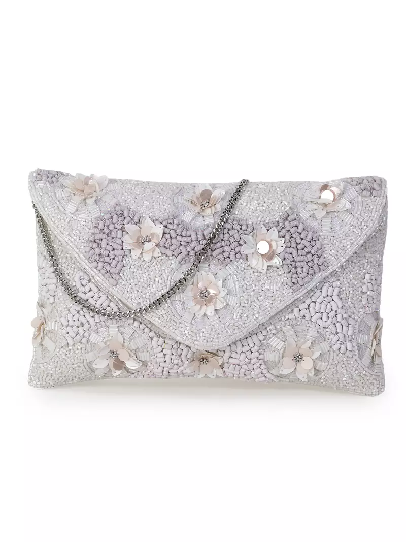 Blush White Cotton Canvas Floral Embellished Sling Bag