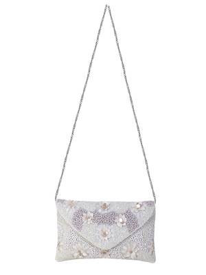 Blush White Cotton Canvas Floral Embellished Sling Bag 2