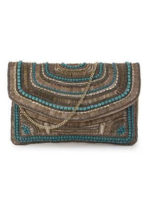 Ghoomar Copper & Turquoise Cotton Canvas Abstract Embellished Sling Bag 1