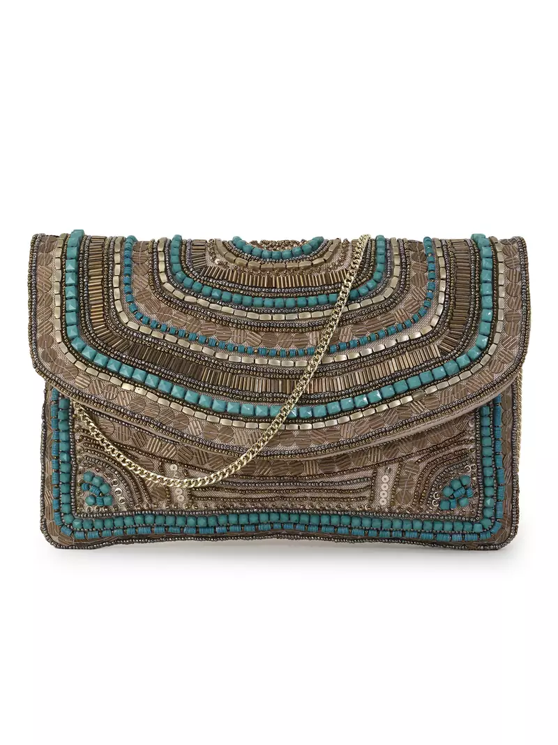 Ghoomar Copper & Turquoise Cotton Canvas Abstract Embellished Sling Bag