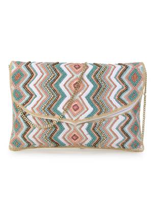 Blush White, Pastel Pink & Pastel Blue  Cotton Canvas Chevron Embellished Sling Bag 1