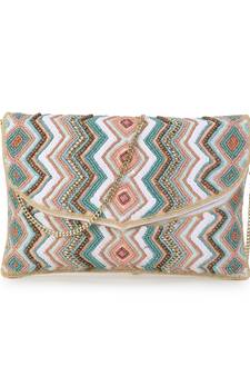 Blush White, Pastel Pink & Pastel Blue  Cotton Canvas Chevron Embellished Sling Bag