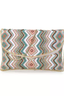 Blush White, Pastel Pink & Pastel Blue  Cotton Canvas Chevron Embellished Sling Bag