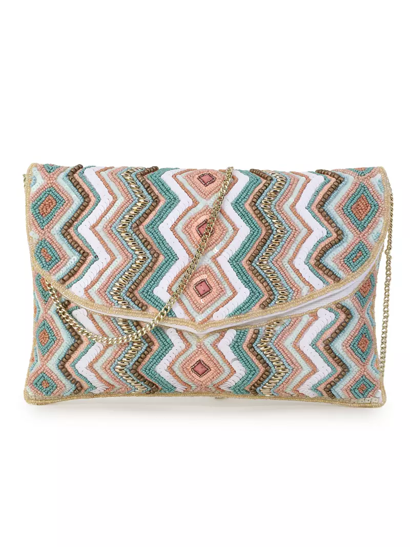 Blush White, Pastel Pink & Pastel Blue  Cotton Canvas Chevron Embellished Sling Bag