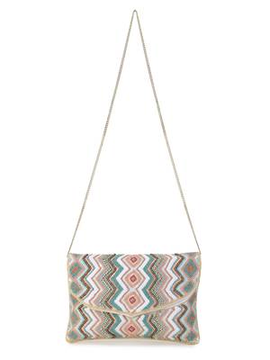 Blush White, Pastel Pink & Pastel Blue  Cotton Canvas Chevron Embellished Sling Bag 2