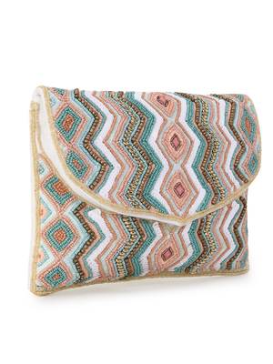 Blush White, Pastel Pink & Pastel Blue  Cotton Canvas Chevron Embellished Sling Bag 3