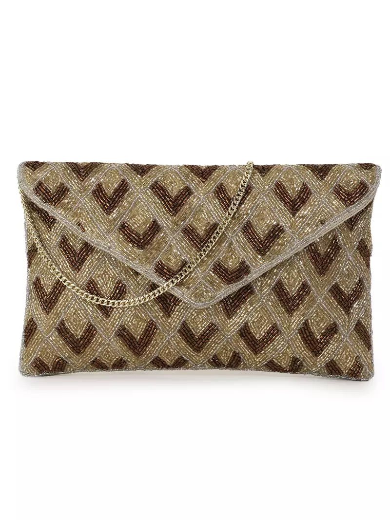 Ghoomar Gold & Brown Satin Diamond Embellished Sling Bag