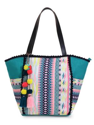 Geomat Sea Green & Multicolor Acrylic Jacquard & Cotton Canvas Striped Tote Bag 1