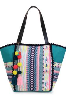 Geomat Sea Green & Multicolor Acrylic Jacquard & Cotton Canvas Striped Tote Bag