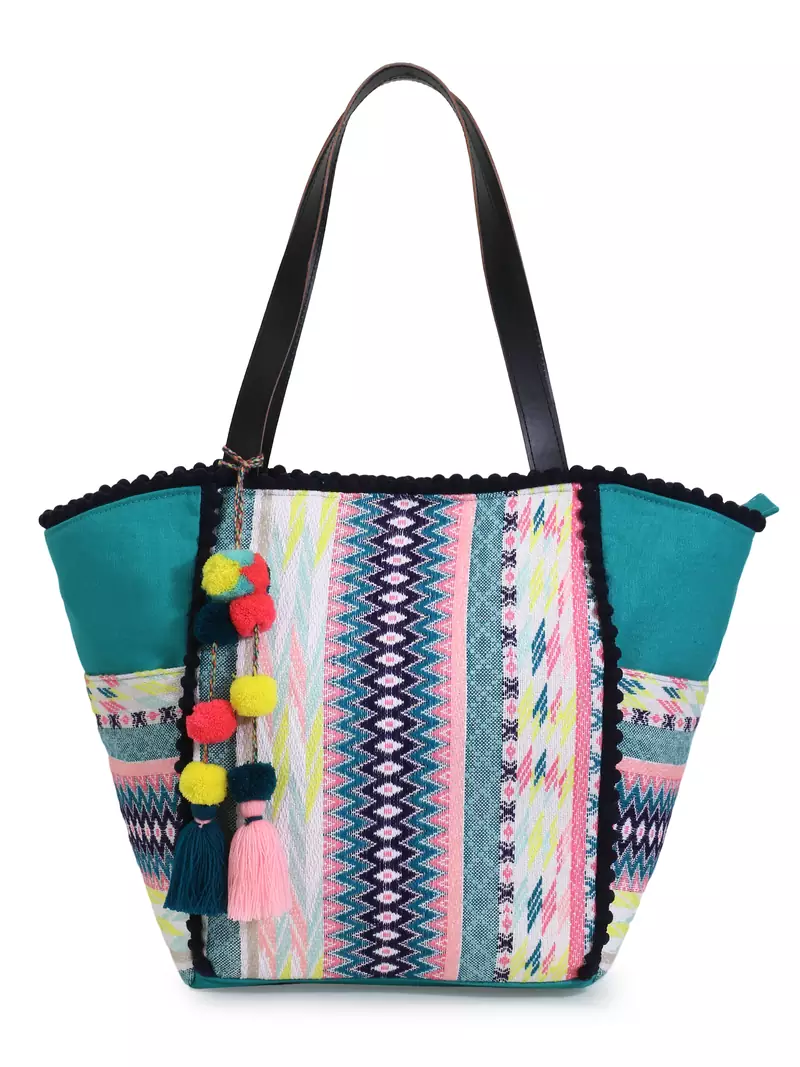 Geomat Sea Green & Multicolor Acrylic Jacquard & Cotton Canvas Striped Tote Bag