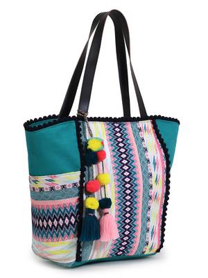 Geomat Sea Green & Multicolor Acrylic Jacquard & Cotton Canvas Striped Tote Bag 2