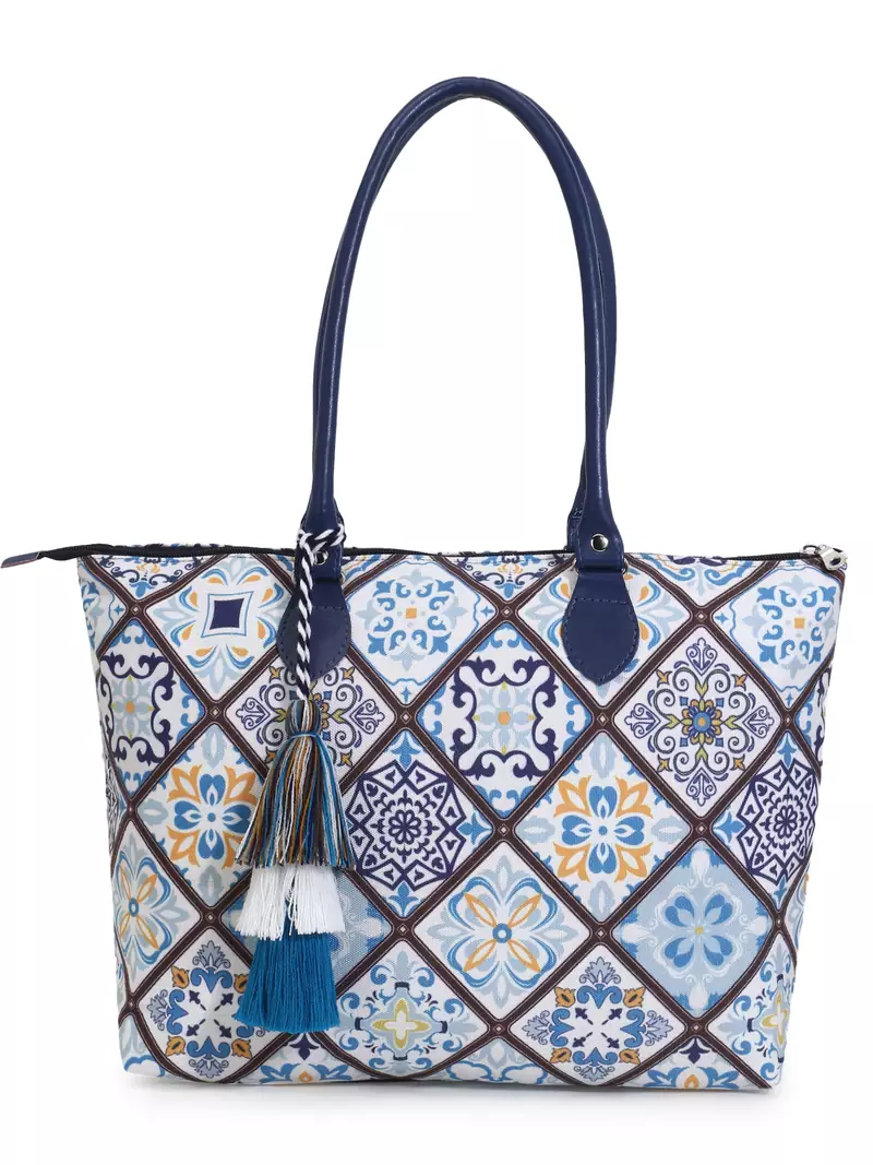Mandala White, Blue & Multicolor Polycotton Ethnic Motifs Digital Printed Tote Bag
