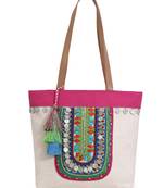 Boho Natural & Multicolor Cotton Jute Boho Embellished Tote Bag