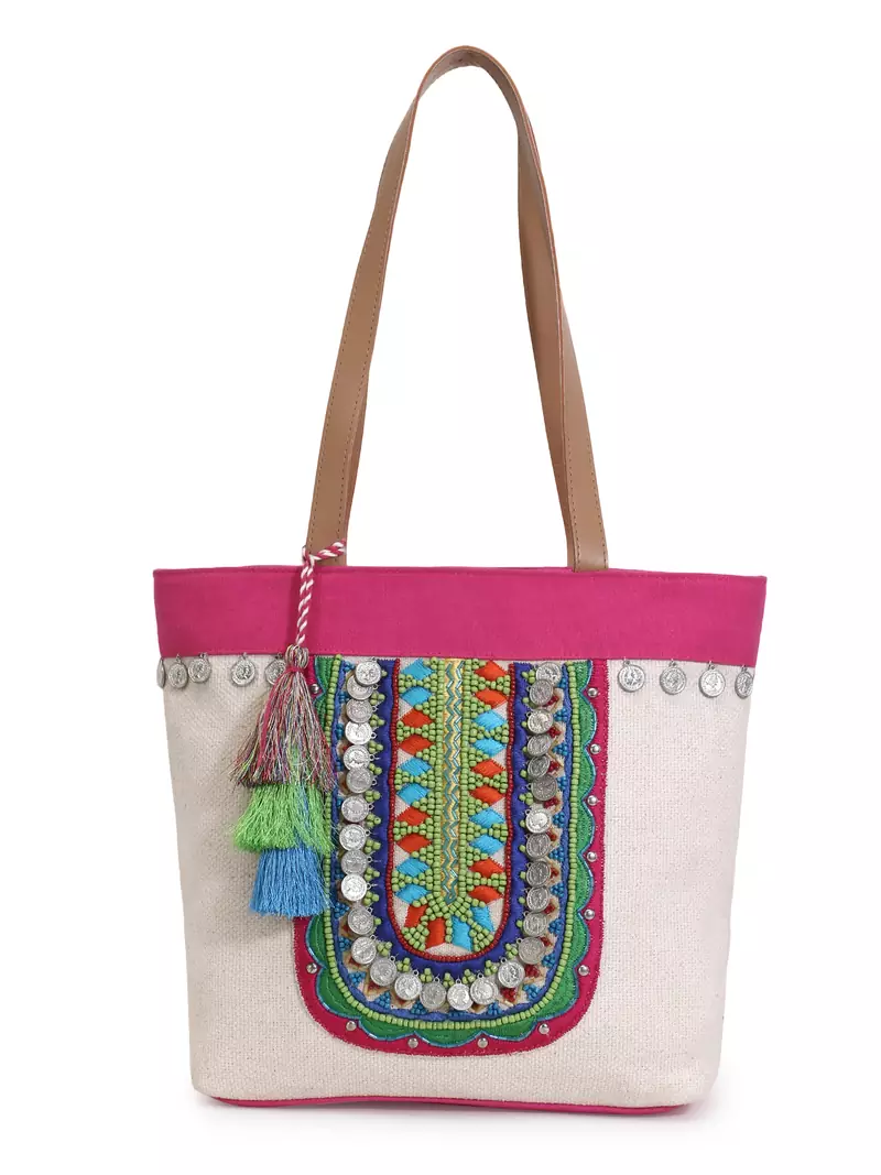 Boho Natural & Multicolor Cotton Jute Boho Embellished Tote Bag