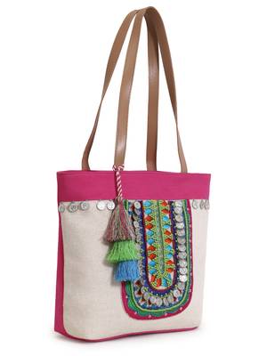 Boho Natural & Multicolor Cotton Jute Boho Embellished Tote Bag 2