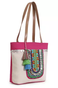 Boho Natural & Multicolor Cotton Jute Boho Embellished Tote Bag