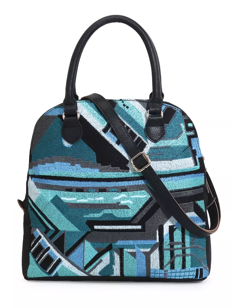 Shore Turquoise & Black Polycotton & Canvas Abstract Embroidered Handheld Bag