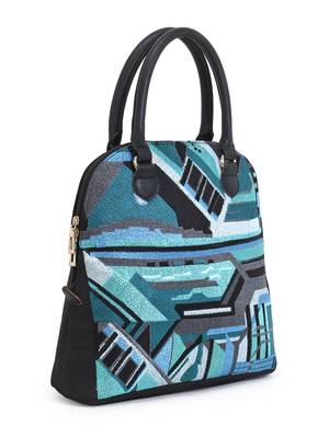 Shore Turquoise & Black Polycotton & Canvas Abstract Embroidered Handheld Bag 2