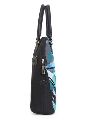 Shore Turquoise & Black Polycotton & Canvas Abstract Embroidered Handheld Bag 5