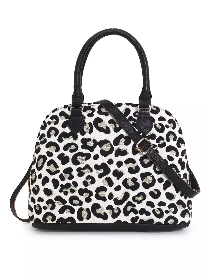 Animal Natural, Black & Gold Cotton Jacquard & Leatherette Animal Print Handheld Bag