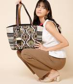 Boho Natural, Black & Multicolor Acrylic Jacquard & Cotton Canvas Trellis Embellished Tote Bag