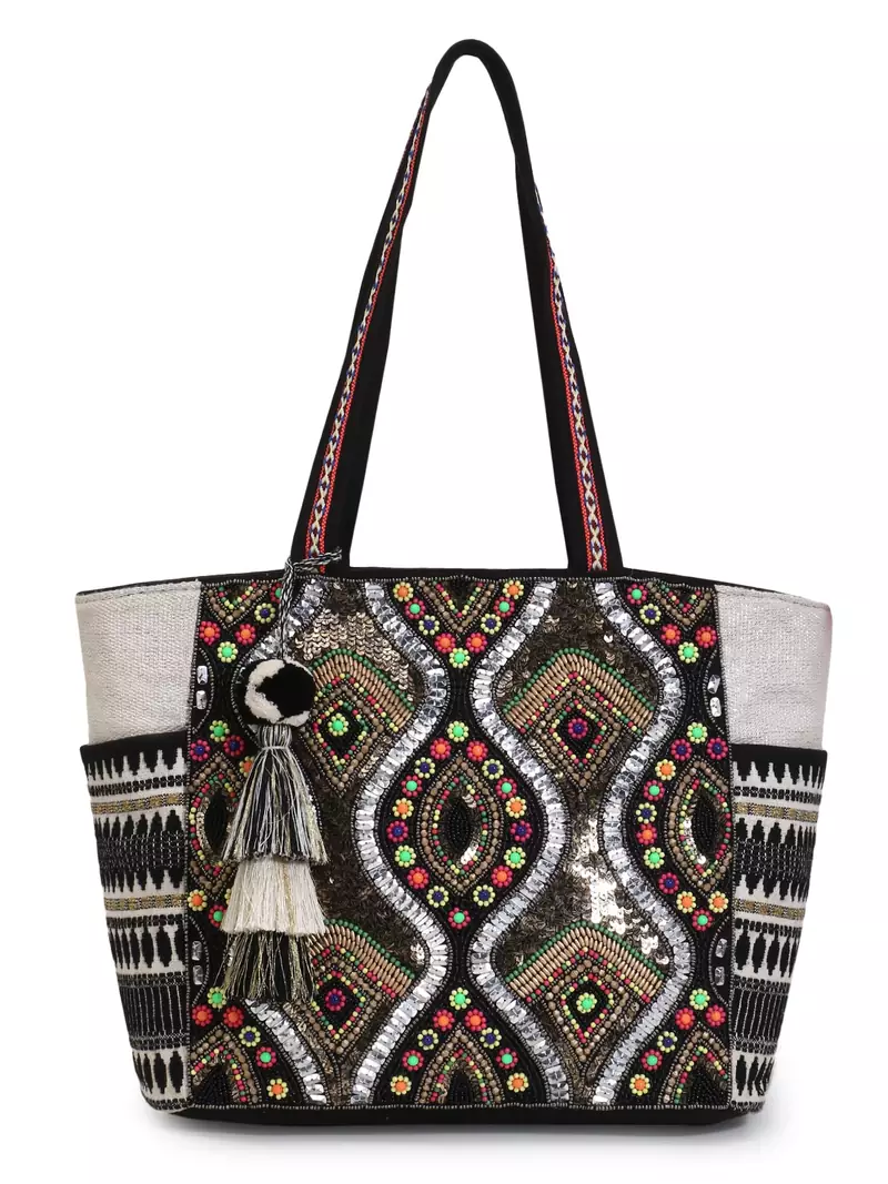 Boho Natural, Black & Multicolor Acrylic Jacquard & Cotton Canvas Trellis Embellished Tote Bag