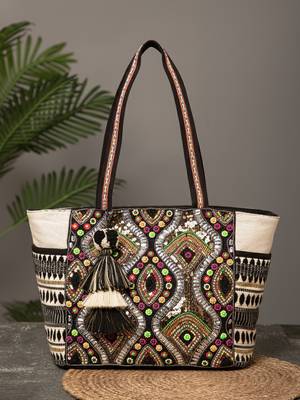 Boho Natural, Black & Multicolor Acrylic Jacquard & Cotton Canvas Trellis Embellished Tote Bag 2