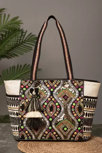 Boho Natural, Black & Multicolor Acrylic Jacquard & Cotton Canvas Trellis Embellished Tote Bag